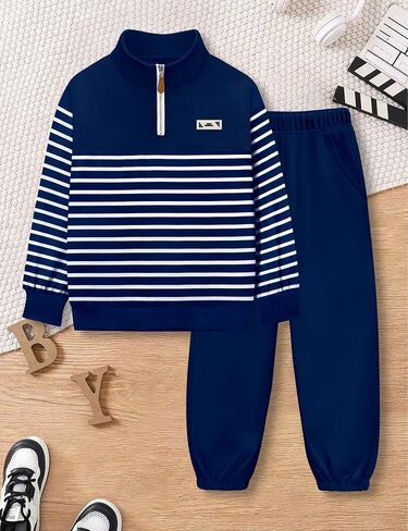 Kangkang Boys Clother Quarter Zip Twlar Sweatshirt مخطط أعلى وسروال رياضي صلبة 2 PCS Winter Winter Fall Fall Falls مجموعة 4-12Y in Saudi Arabia