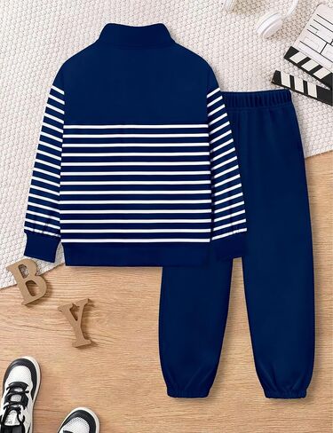 Kangkang Boys Clother Quarter Zip Twlar Sweatshirt مخطط أعلى وسروال رياضي صلبة 2 PCS Winter Winter Fall Fall Falls مجموعة 4-12Y in Saudi Arabia