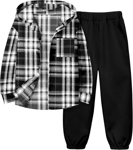 ملابس الأولاد هوديي منقوشة زر المرقاء أسفل قميص طويل الأكمام + سروال سروال الخريف فول الأطفال الأولاد 2pcs مجموعات الجماعات in Kuwait