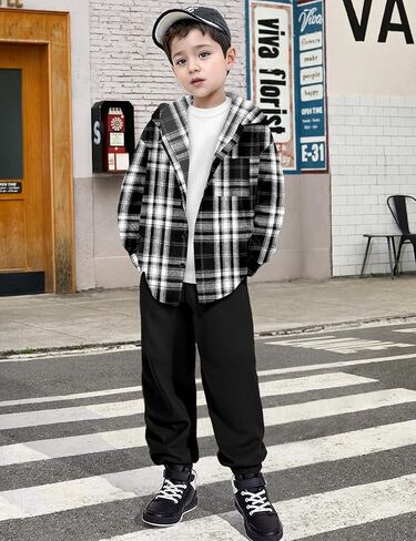 ملابس الأولاد هوديي منقوشة زر المرقاء أسفل قميص طويل الأكمام + سروال سروال الخريف فول الأطفال الأولاد 2pcs مجموعات الجماعات in Kuwait