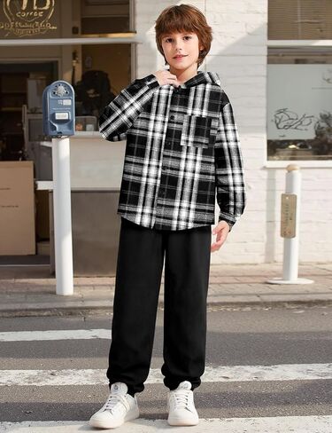 ملابس الأولاد هوديي منقوشة زر المرقاء أسفل قميص طويل الأكمام + سروال سروال الخريف فول الأطفال الأولاد 2pcs مجموعات الجماعات in Kuwait