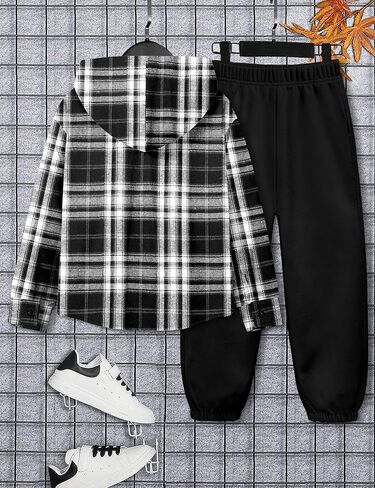 ملابس الأولاد هوديي منقوشة زر المرقاء أسفل قميص طويل الأكمام + سروال سروال الخريف فول الأطفال الأولاد 2pcs مجموعات الجماعات in Kuwait