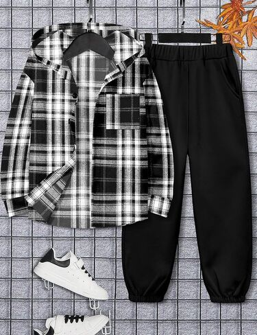 ملابس الأولاد هوديي منقوشة زر المرقاء أسفل قميص طويل الأكمام + سروال سروال الخريف فول الأطفال الأولاد 2pcs مجموعات الجماعات in Kuwait