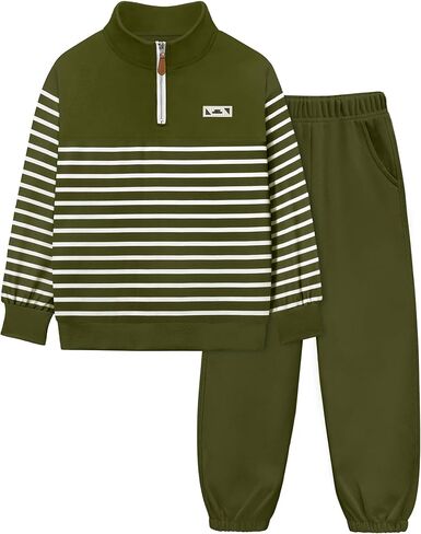 KANGKANG Boys Clothes Quarter Zip Collar Striped Sweatshirt Top and Solid Sweatpants 2 Pcs Winter Kids Fall Outfits Set 4-12Y in Kuwait