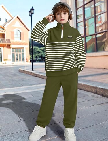 KANGKANG Boys Clothes Quarter Zip Collar Striped Sweatshirt Top and Solid Sweatpants 2 Pcs Winter Kids Fall Outfits Set 4-12Y in Kuwait