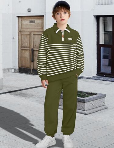 KANGKANG Boys Clothes Quarter Zip Collar Striped Sweatshirt Top and Solid Sweatpants 2 Pcs Winter Kids Fall Outfits Set 4-12Y in Kuwait