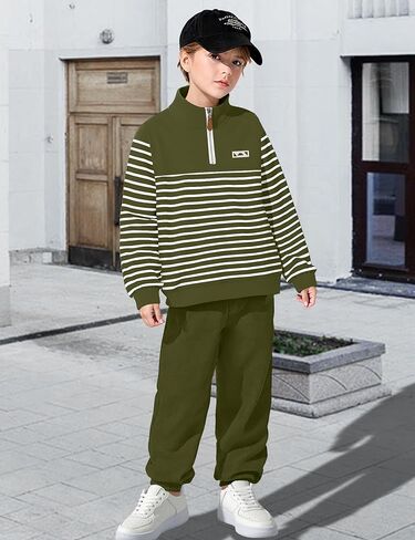 KANGKANG Boys Clothes Quarter Zip Collar Striped Sweatshirt Top and Solid Sweatpants 2 Pcs Winter Kids Fall Outfits Set 4-12Y in Kuwait