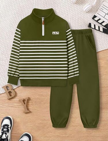 KANGKANG Boys Clothes Quarter Zip Collar Striped Sweatshirt Top and Solid Sweatpants 2 Pcs Winter Kids Fall Outfits Set 4-12Y in Kuwait