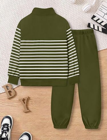 KANGKANG Boys Clothes Quarter Zip Collar Striped Sweatshirt Top and Solid Sweatpants 2 Pcs Winter Kids Fall Outfits Set 4-12Y in Kuwait