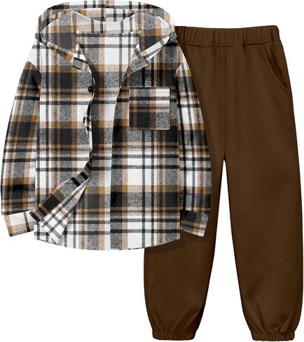 Boys Clothes Hoodie Plaid Patchwork Button Down Long-sleeve Shirt + Sweatpants Fall Winter Kids Boys 2Pcs Outfits Sets in Saudi Arabia