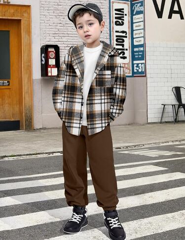 Boys Clothes Hoodie Plaid Patchwork Button Down Long-sleeve Shirt + Sweatpants Fall Winter Kids Boys 2Pcs Outfits Sets in Saudi Arabia