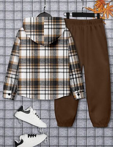 Boys Clothes Hoodie Plaid Patchwork Button Down Long-sleeve Shirt + Sweatpants Fall Winter Kids Boys 2Pcs Outfits Sets in Saudi Arabia