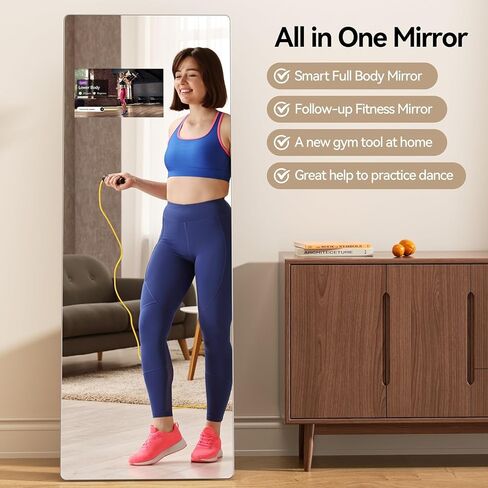 Large Smart Home Gym Mirror, 65''x23.6'' Glass Workout Mirror, HD Full Length Floor Mirror with 14" Screen Mirroring for Fitness, Yoga, Dance Studio and Garage (Landscape Screen) in Kuwait