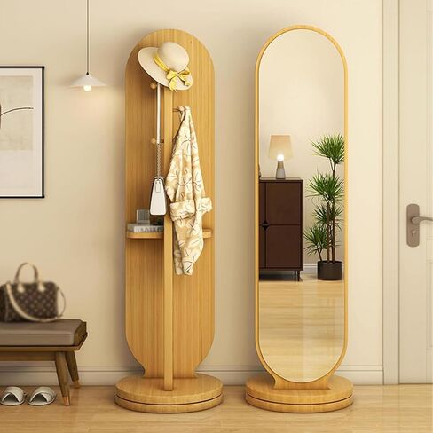 Rotating Oval Full Length Mirror with Coat Rack,Modern Standing Floor Mirror with Storage Shelf & Hooks,Swivel Solid Wood Coat Hanger for Hallway, Bedroom,Living Room(65" L x 16" W, Wood) in Saudi Arabia
