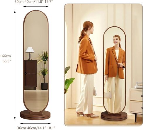 Rotating Oval Full Length Mirror with Coat Rack,Modern Standing Floor Mirror with Storage Shelf & Hooks,Swivel Solid Wood Coat Hanger for Hallway, Bedroom,Living Room(65" L x 16" W, Wood) in Saudi Arabia