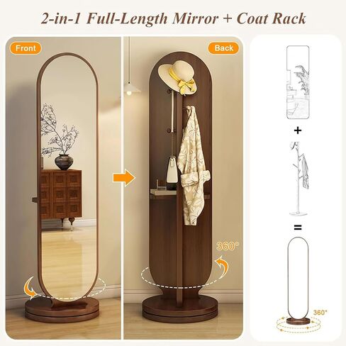 Rotating Oval Full Length Mirror with Coat Rack,Modern Standing Floor Mirror with Storage Shelf & Hooks,Swivel Solid Wood Coat Hanger for Hallway, Bedroom,Living Room(65" L x 16" W, Wood) in Saudi Arabia