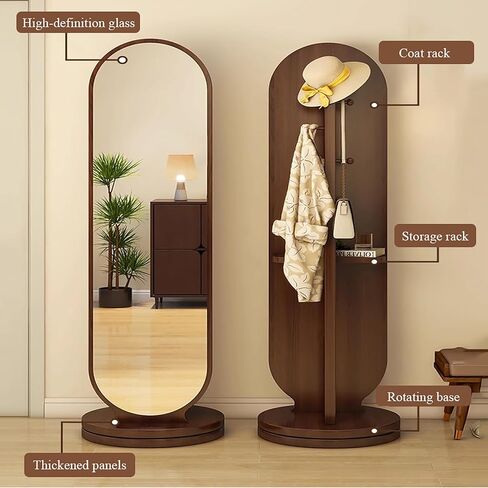 Rotating Oval Full Length Mirror with Coat Rack,Modern Standing Floor Mirror with Storage Shelf & Hooks,Swivel Solid Wood Coat Hanger for Hallway, Bedroom,Living Room(65" L x 16" W, Wood) in Saudi Arabia
