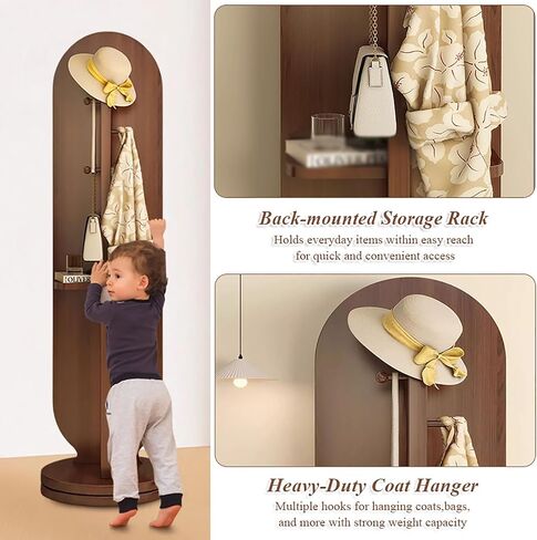 Rotating Oval Full Length Mirror with Coat Rack,Modern Standing Floor Mirror with Storage Shelf & Hooks,Swivel Solid Wood Coat Hanger for Hallway, Bedroom,Living Room(65" L x 16" W, Wood) in Saudi Arabia