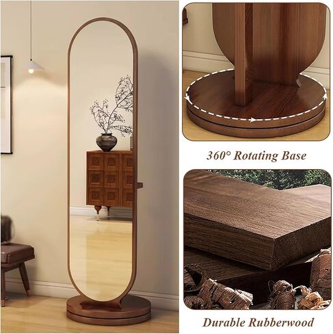 Rotating Oval Full Length Mirror with Coat Rack,Modern Standing Floor Mirror with Storage Shelf & Hooks,Swivel Solid Wood Coat Hanger for Hallway, Bedroom,Living Room(65" L x 16" W, Wood) in Saudi Arabia