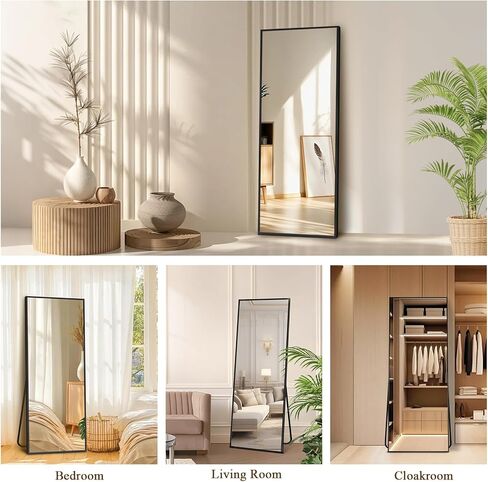 56 "X18" مرآة كاملة الطول مع حامل ، مرآة أرضية مقاومة للتشويش ، إطار رفيع من سبيكة الألومنيوم - مستقل/مائل/جدار لغرفة النوم وغرفة المعيشة والمدخل (أسود) in Kuwait