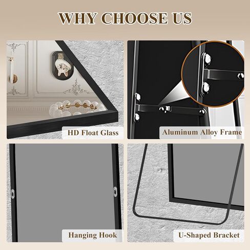 56 "X18" مرآة كاملة الطول مع حامل ، مرآة أرضية مقاومة للتشويش ، إطار رفيع من سبيكة الألومنيوم - مستقل/مائل/جدار لغرفة النوم وغرفة المعيشة والمدخل (أسود) in Kuwait