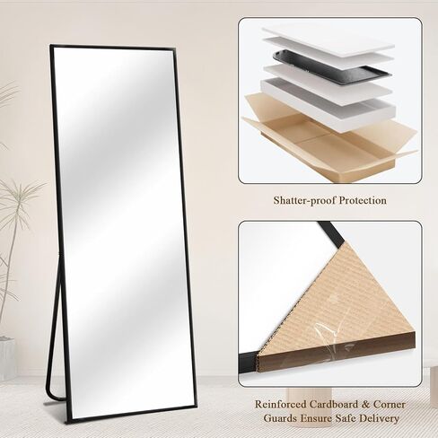 56 "X18" مرآة كاملة الطول مع حامل ، مرآة أرضية مقاومة للتشويش ، إطار رفيع من سبيكة الألومنيوم - مستقل/مائل/جدار لغرفة النوم وغرفة المعيشة والمدخل (أسود) in Kuwait