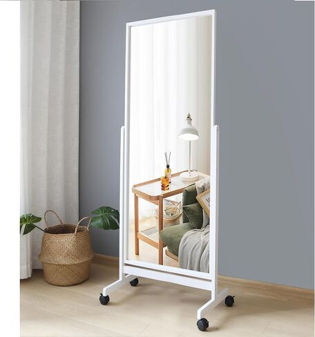 Swivel Adjustable Full Length Mirror on Wheels, Mobile Wood Frame Cheval Bedroom Free Standing Floor Mirror with Stand, Tiltable, Easy to Move in Kuwait