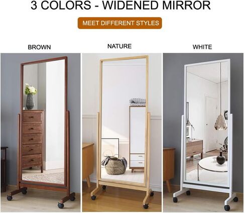 Swivel Adjustable Full Length Mirror on Wheels, Mobile Wood Frame Cheval Bedroom Free Standing Floor Mirror with Stand, Tiltable, Easy to Move in Kuwait