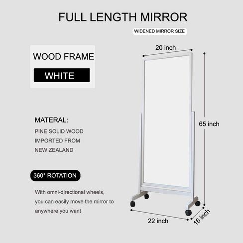 Swivel Adjustable Full Length Mirror on Wheels, Mobile Wood Frame Cheval Bedroom Free Standing Floor Mirror with Stand, Tiltable, Easy to Move in Kuwait