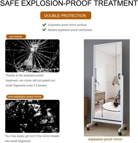 Swivel Adjustable Full Length Mirror on Wheels, Mobile Wood Frame Cheval Bedroom Free Standing Floor Mirror with Stand, Tiltable, Easy to Move in Kuwait