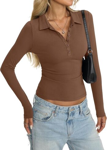 Womens Cotton Polo Collared Shirt Long Sleeve Sexy Deep V Neck Top Button Up Slim Fitted Tee Business Casual Outfit in Saudi Arabia