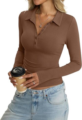 Womens Cotton Polo Collared Shirt Long Sleeve Sexy Deep V Neck Top Button Up Slim Fitted Tee Business Casual Outfit in Saudi Arabia