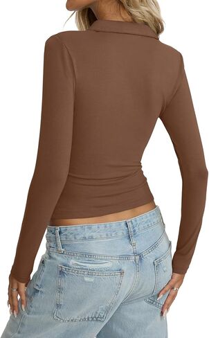 Womens Cotton Polo Collared Shirt Long Sleeve Sexy Deep V Neck Top Button Up Slim Fitted Tee Business Casual Outfit in Saudi Arabia