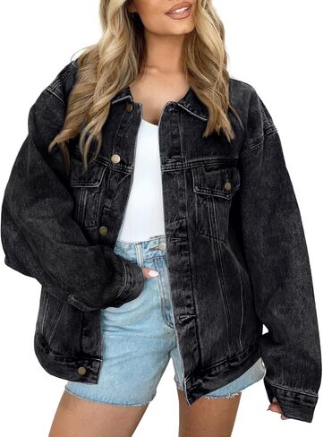 AUTOMET Womenss Jean Jacket Oversized Denim Long Sleeve Button Down Shirts Fall Fashion Trendy Tops with Pockets 2024 in Saudi Arabia