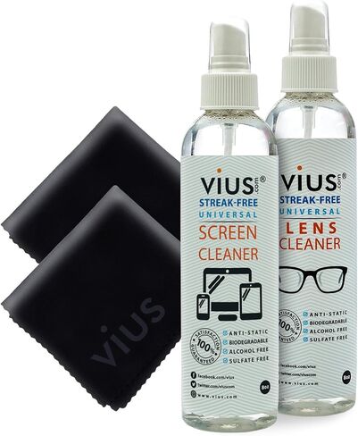 طقم العدسة والمنظف - بخاخات نظافة Vius مع ملابس الألياف الدقيقة للعدسات ، النظارات ، وأجهزة الكمبيوتر ، والأقراص ، والهواتف ، وأجهزة التلفزيون ، وأجهزة الكمبيوتر المحمولة - تنظف بصمات الأصابع ، والغبار ، والزيت (8 أوقية 2 عبوة) in Kuwait