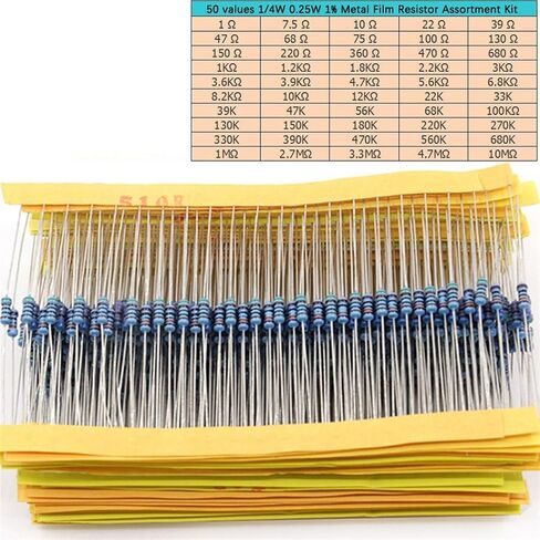 1/4W 30 values Metal Film Resistor assortment Kit 10R-1M Resistor Pack,50 values 1% Set of resistors 1R-10M DIY Assorted Kit(500pcs-Without box) in Saudi Arabia