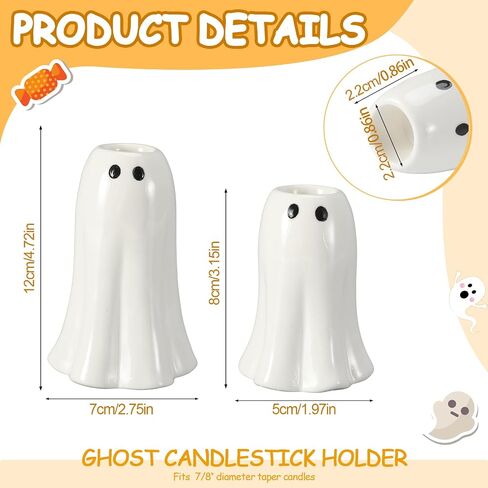 2 Pcs Halloween Ghost Candlestick Holders Cute Ghost Shape Candle Stick Holders Halloween Ceramic Taper Candleholder for Wedding Party Holiday Office Home Gift Decorative Table Centerpiece in Saudi Arabia