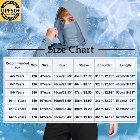 Unisex Kids UPF 50+ Hoodie with Face Mask Ice Silk Long Sleeve Rash Guard Swim Tops Cooling Hiking Shirts 4-15 Years in Saudi Arabia