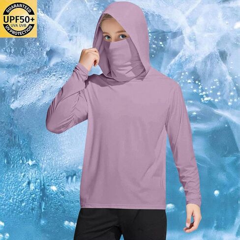Unisex Kids UPF 50+ Hoodie with Face Mask Ice Silk Long Sleeve Rash Guard Swim Tops Cooling Hiking Shirts 4-15 Years in Saudi Arabia