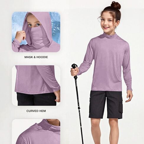 Unisex Kids UPF 50+ Hoodie with Face Mask Ice Silk Long Sleeve Rash Guard Swim Tops Cooling Hiking Shirts 4-15 Years in Saudi Arabia