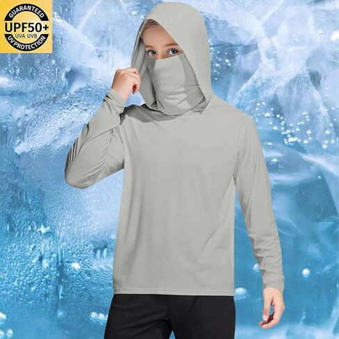 Unisex Kids UPF 50+ Hoodie with Face Mask Ice Silk Long Sleeve Rash Guard Swim Tops Cooling Hiking Shirts 4-15 Years in Saudi Arabia