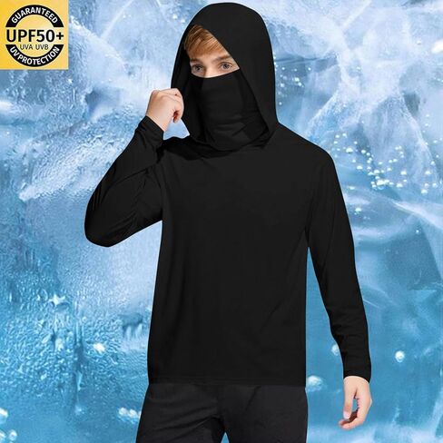Unisex Kids UPF 50+ Hoodie with Face Mask Ice Silk Long Sleeve Rash Guard Swim Tops Cooling Hiking Shirts 4-15 Years in Saudi Arabia