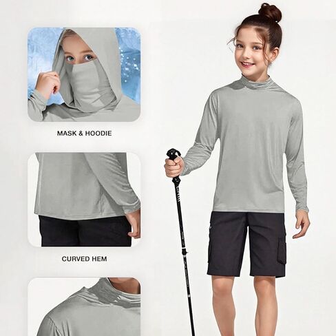 Unisex Kids UPF 50+ Hoodie with Face Mask Ice Silk Long Sleeve Rash Guard Swim Tops Cooling Hiking Shirts 4-15 Years in Saudi Arabia