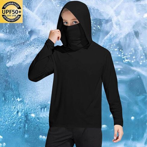 Unisex Kids UPF 50+ Hoodie with Face Mask Ice Silk Long Sleeve Rash Guard Swim Tops Cooling Hiking Shirts 4-15 Years in Saudi Arabia