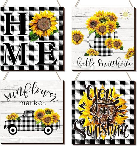 Chunful 4 Pcs Sunflower Wall Decor Black White Buffalo Sunflower Wall Art Christmas Farmhouse Plaques Hello Sunshine Buffalo Truck Prints in Saudi Arabia