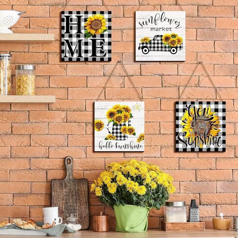 Chunful 4 Pcs Sunflower Wall Decor Black White Buffalo Sunflower Wall Art Christmas Farmhouse Plaques Hello Sunshine Buffalo Truck Prints in Saudi Arabia