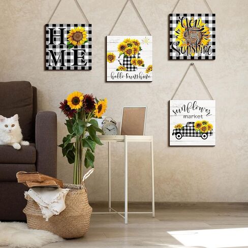 Chunful 4 Pcs Sunflower Wall Decor Black White Buffalo Sunflower Wall Art Christmas Farmhouse Plaques Hello Sunshine Buffalo Truck Prints in Saudi Arabia