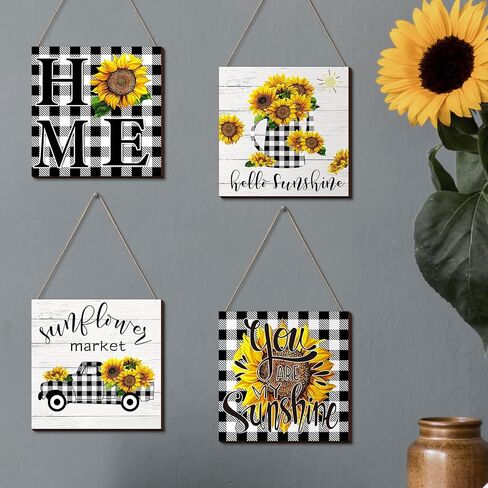 Chunful 4 Pcs Sunflower Wall Decor Black White Buffalo Sunflower Wall Art Christmas Farmhouse Plaques Hello Sunshine Buffalo Truck Prints in Saudi Arabia