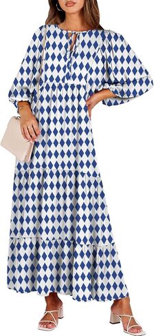 Boho Maxi Dresses for Women 2025 Geometric Floral Half Sleeve V Neck Tiered Flowy Dress Casual Loose Fit Long Dress in Saudi Arabia