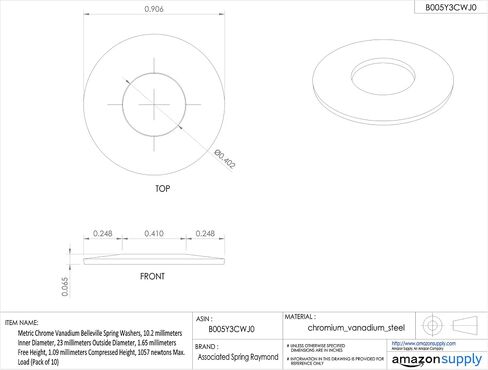 Metric Carbon Steel Belleville Spring Washers, 10.2 millimeters Inner Diameter, 20 millimeters Outside Diameter, 1.55 millimeters Free Height, 1.14 millimeters Compressed Height, 1424 newtons Max. Load (Pack of 10) in Saudi Arabia